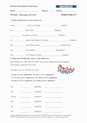Perfekt Arbeitsblatt für Übungen im Perfekt mit sein