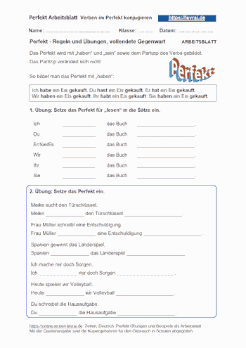 Perfekt-Arbeitsblätter als gratis Download.