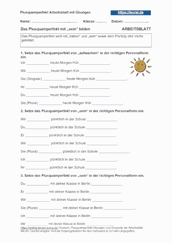 Arbeitsblatt für das Plussquamperfekt zum Ausdrucken.