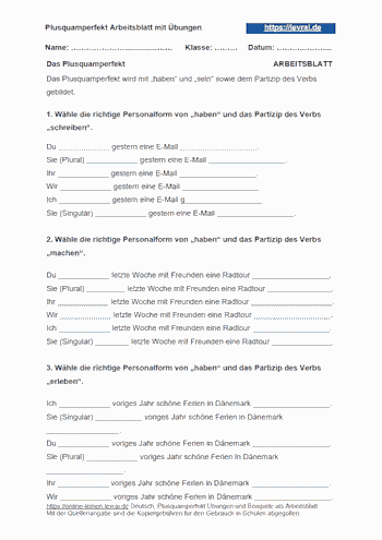 Arbeitsblatt für das Plussquamperfekt zum Ausdrucken.