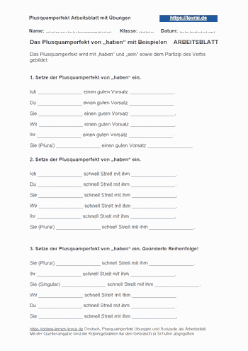 Arbeitsblatt für das Plussquamperfekt zum Ausdrucken.