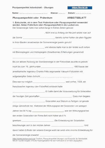 Arbeitsblatt für das Plussquamperfekt zum Ausdrucken.