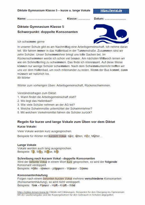 Diktat für das Gymnasium Klasse 5 zu doppelten Konsonanten.