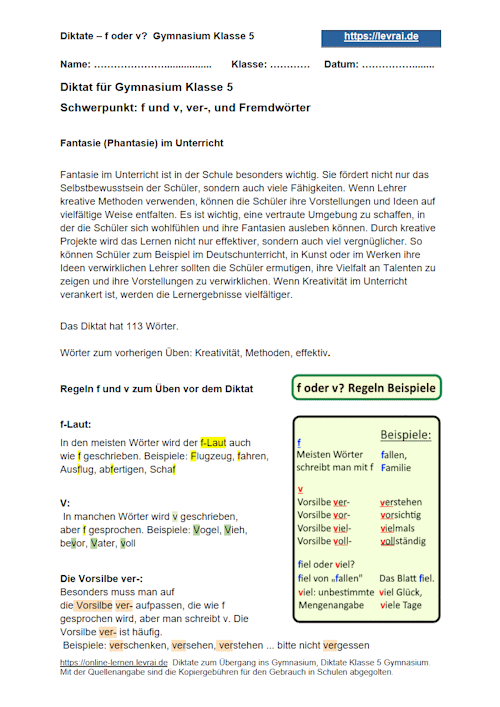 Diktat für das Gymnasium Klasse 5 zu f oder v, ver-.