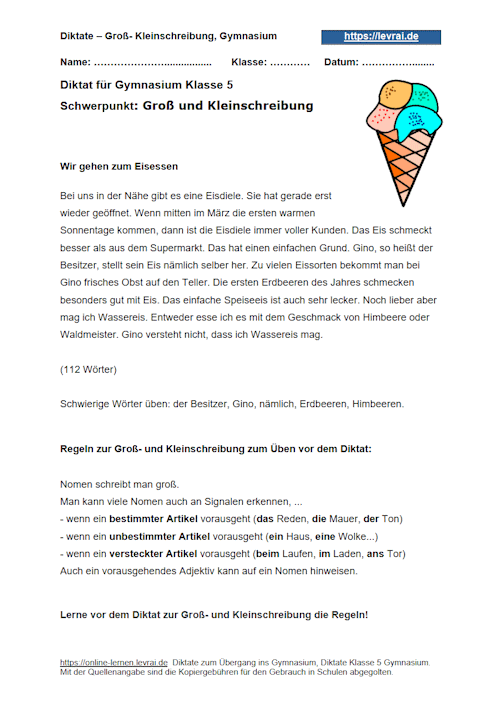 Diktat für das Gymnasium Klasse 5 mit dem Schwerpunkt Groß- und Kleinschreibung.
