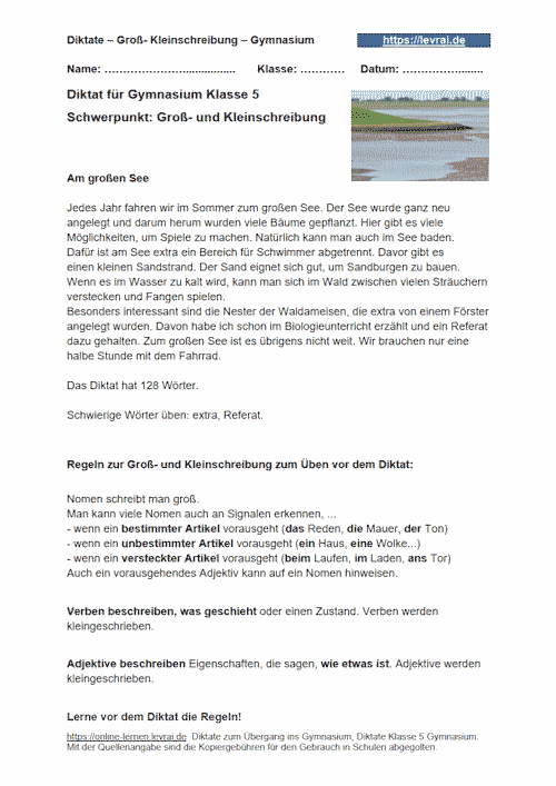 Diktat für das Gymnasium Klasse 5 mit dem Schwerpunkt: Groß- und Kleinschreibung.