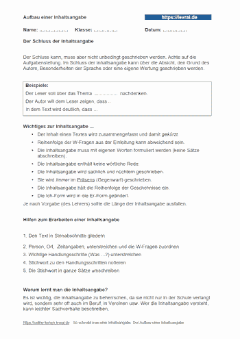 Arbeitsblatt und Übungsblatt 1 für die Inhaltsangabe.
