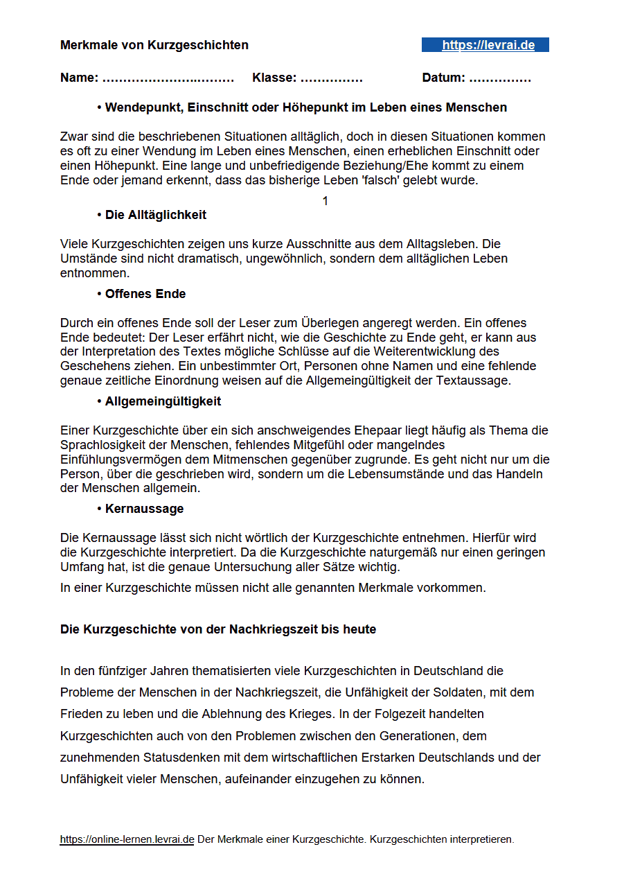 Arbeitsblatt und Übungsblatt 2 für die Inhaltsangabe