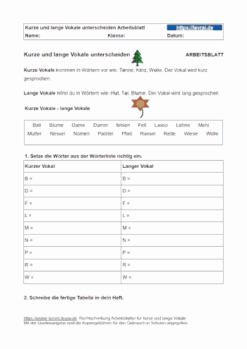 Kurze und lange Vokale mit einem Arbeitsblatt unterscheiden.