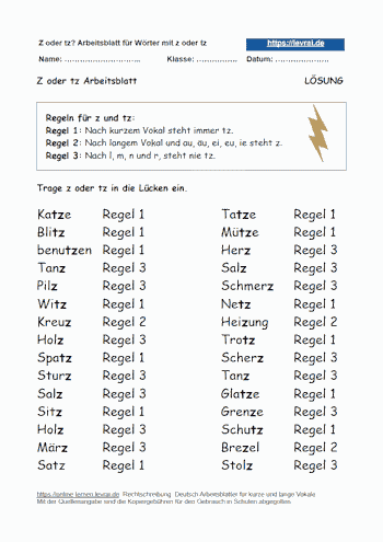 Z oder tz Arbeitsblatt mit Übungen und Lösungen