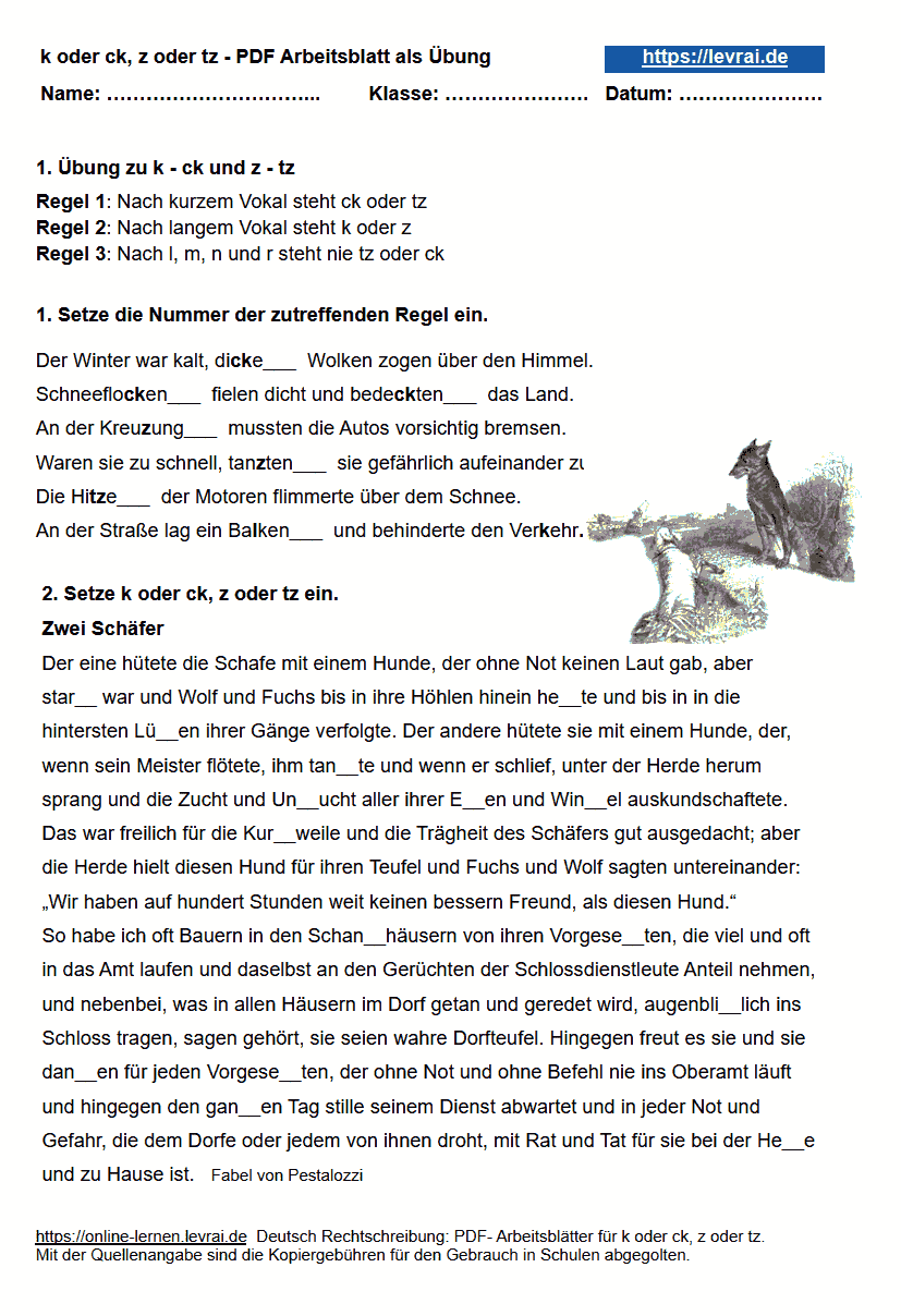 k ck und z tz in einen Text einsetzen als Arbeitsblatt.