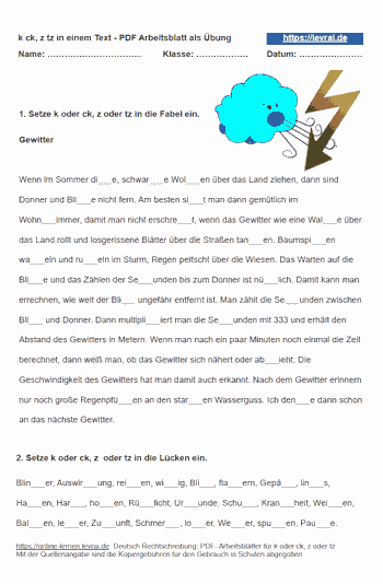 Übungen als Arbeitsblatt für k ck und z tz