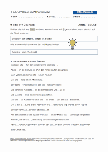 Arbeitsblatt zu dt, tt, d oder t am Wortende.