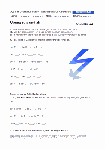 Arbeitsblatt mit Übungen zu a, aa und ah mit Regeln und Beispielen.