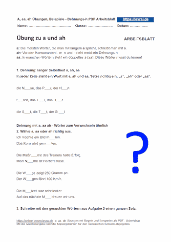 Übungen zu a, aa und ah mit Regeln und Beispielen.