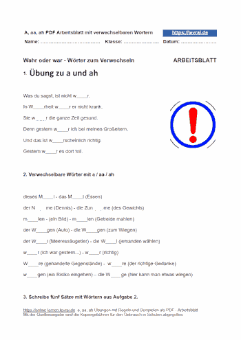 Übungen zu a, aa und ah mit Regeln und Beispielen.