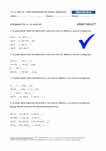 Arbeitsblatt und Übungsblatt für o, oo und oh.