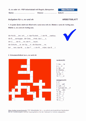 Arbeitsblatt und Übungsblatt für o, oo und oh.