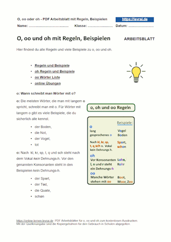 Arbeitsblatt und Übungsblatt für o, oo und oh.