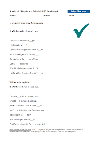 Arbeitsblatt und Übungsblatt für u und uh zum Ausdrucken.