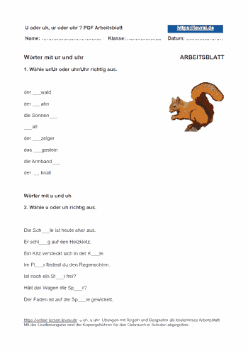 Arbeitsblatt für u und uh, ur und uhr, ü und üh zum Ausdrucken.