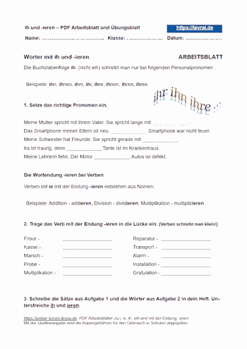 Arbeitsblatt und Übungsblatt für ie, ieh, ih und -ieren.
