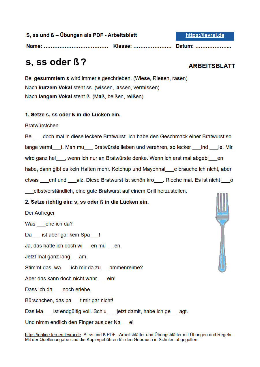 Wörter Mit Ss Und ß Grundschule s, ss ß Arbeitsblätter