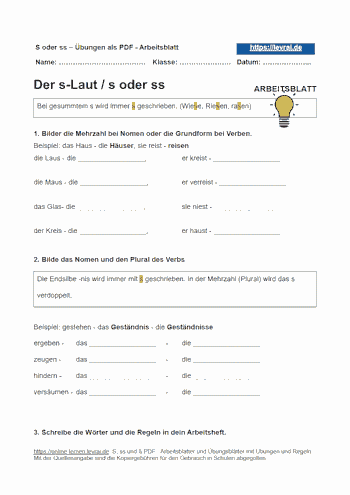 Arbeitsblatt für s ss. Wann schreibt man den s-Laut s oder ss?