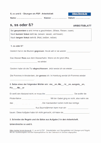 Arbeitsblatt für s, ss und ß. Wann schreibt man s, ss oder ß?