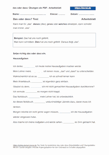 das oder dass Übungen als Arbeitsblatt.