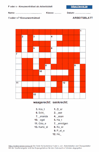f oderv? Arbeitsblatt und Übungsblatt als Kreuzworträtsel.