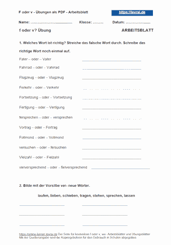 Wann schreibt man f und wann v? Arbeitblatt