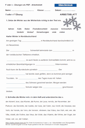 Arbeitsblatt für: Wann schreibt man f und wann v?