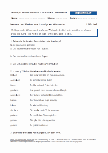 b oder p? Arbeitsbatt für b und p im Auslaut.