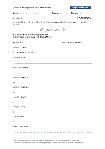 e oder ä Arbeitsblatt mit Lösungen
