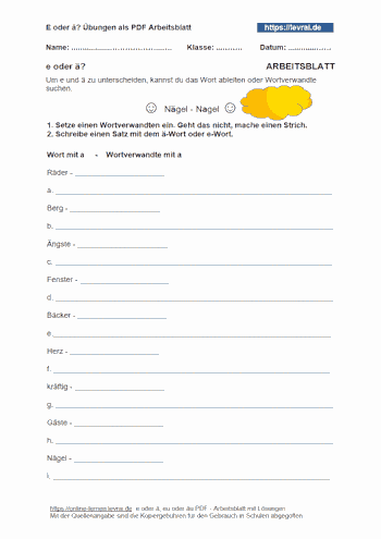 e oder ä Arbeitsblatt zum Üben