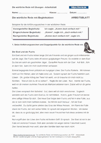 Arbeitsblatt für die wörtliche Rede