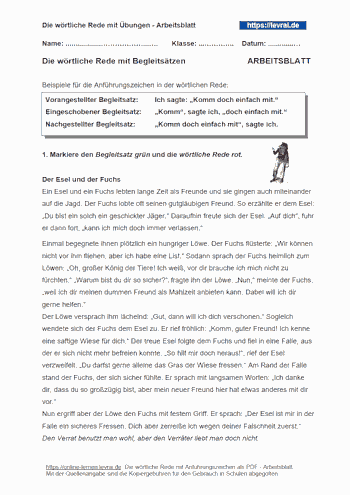 Arbeitsblatt für die wörtliche Rede