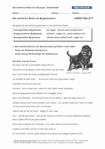 Arbeitsblatt für die Zeichensetzung in der wörtlichen Rede