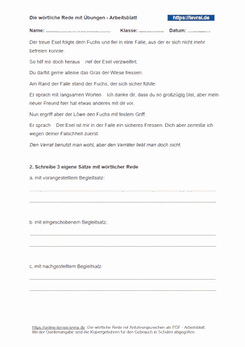 Arbeitsblatt für die wörtliche Rede