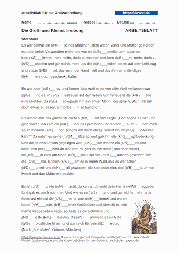 Arbeitsblatt mit Textübung für die Großschreibung von Nomen.