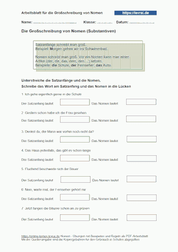 Arbeitsblatt für die Großschreibung von Nomen.