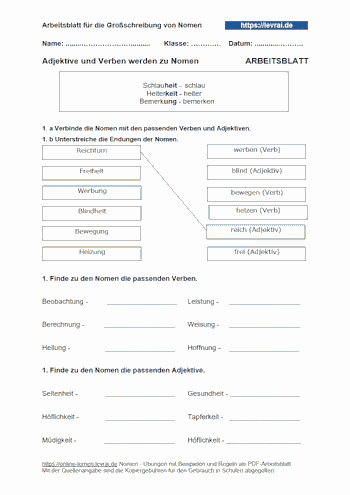 Arbeitsblatt für die Großschreibung von Nomen.
