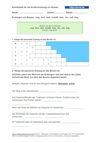 Arbeitsblatt: Die Großschreibung von Nomen.