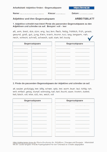 Arbeitsblätter für die Gegensätze (Gegensatzpaare) bei Adjektiven.