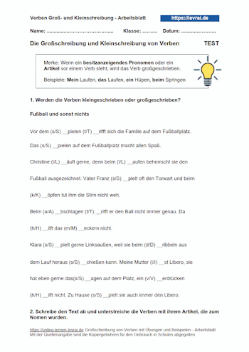 Arbeitsblätter zur Groß- und Kleinschreibung von Verben mit besitzanzeigendem Promomen.