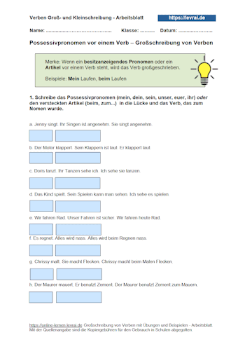 Arbeitsblätter zur Groß- und Kleinschreibung von Verben bei Possessivpronomen.