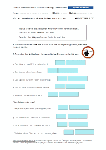 Arbeitsblätter zur Groß- und Kleinschreibung von Verben. Ein Verb wird zum Nomen.