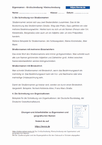 Arbeitsblatt 2 mit Regeln zur Groß- und Kleinschreibung von Eigennamen und geografischen Namen.