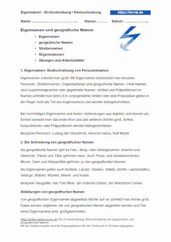 Arbeitsblatt 1 mit Regeln zur Groß- und Kleinschreibung von Eigennamen und geografischen Namen.